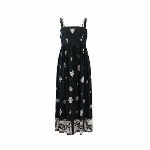 Umgee Black White Floral Midi Dress Smocked Tie Back Boho Sundress NWT Womens L